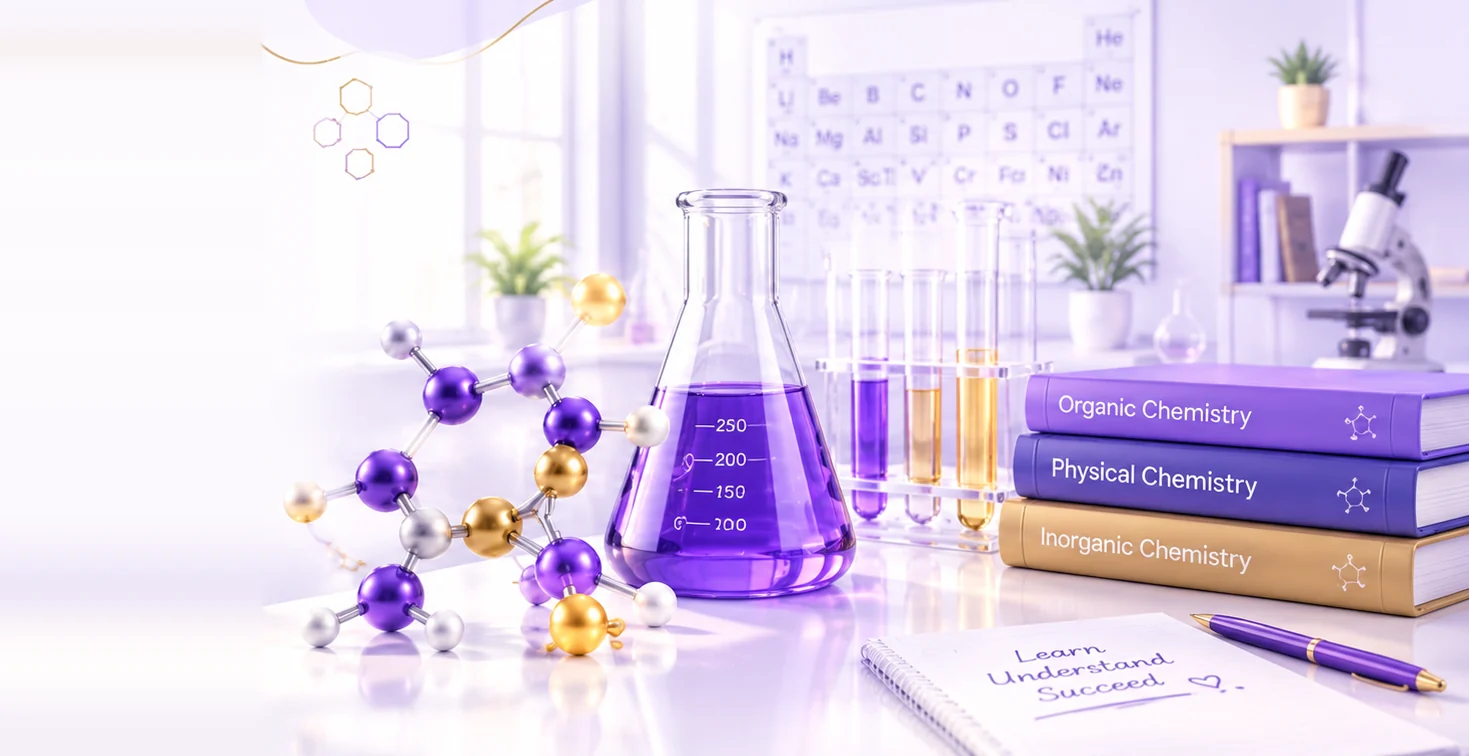 Chemistry flask with purple liquid, test tubes, a molecule model and a stack of Organic, Physical and Inorganic Chemistry books